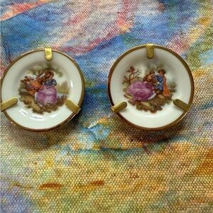 Limoges Fragonard Mini Plate Courting Scene Gold Trimmed w/Stand 1 ½" Lot Of 2